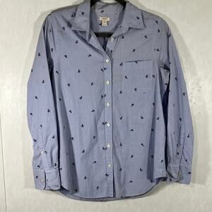 J. Crew Women's Cotton Shirt Light Blue with Navy Anchors Fine Stripe